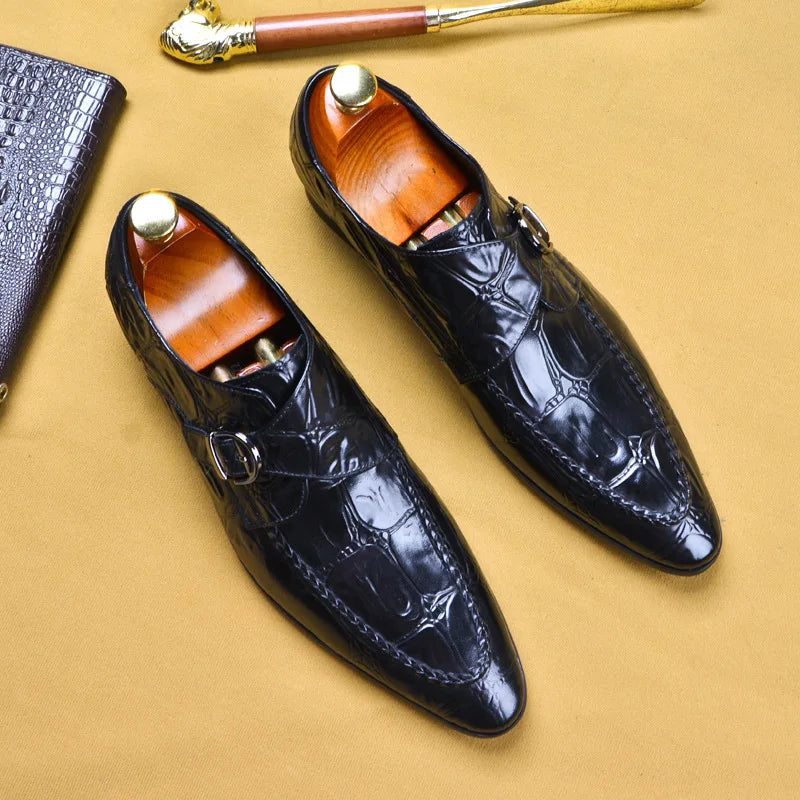 Genuine Leather Luxury Man Loafers Monk Strap Men Formal Dress Shoes Fashion Business Wedding Crocodile Pattern Oxford Shoes