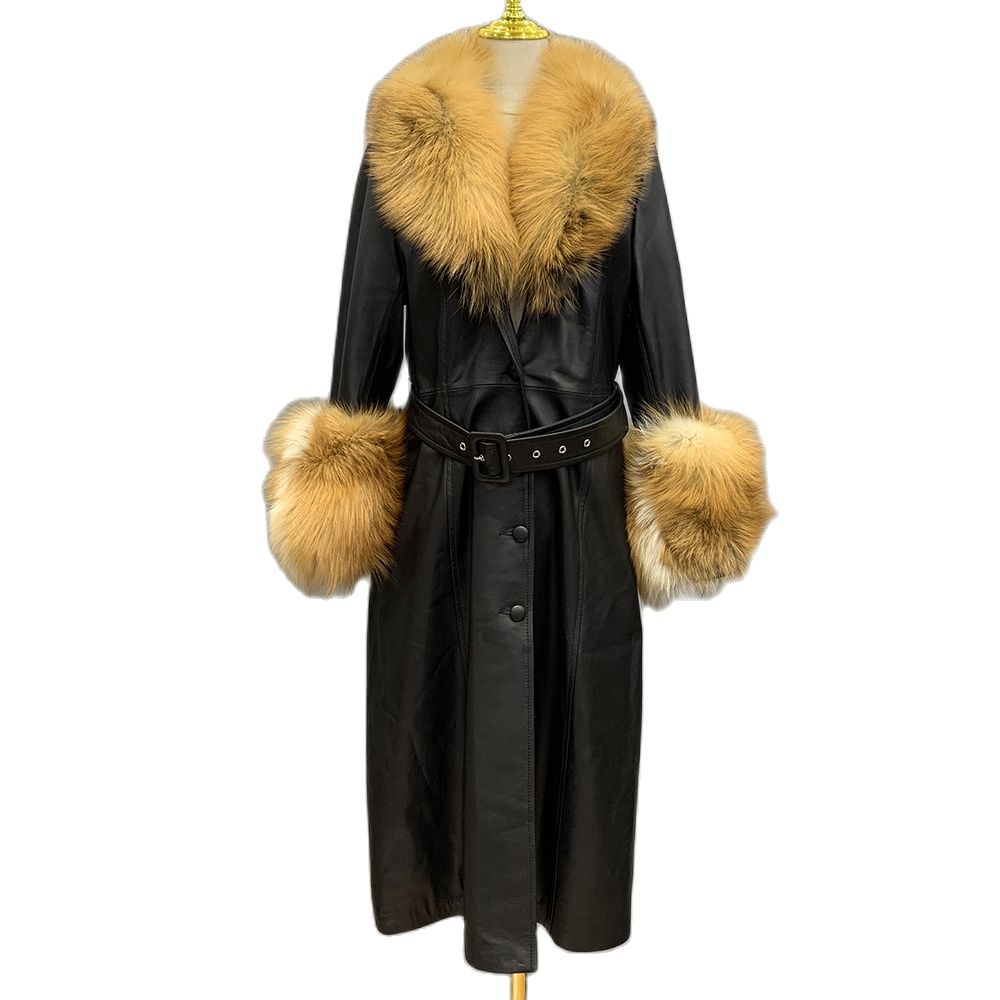 New Ladies Top Luxury Winter Windbreaker Outerwear Women's Fashion Long Leather Coats Real Fox Fur Collar Jacket