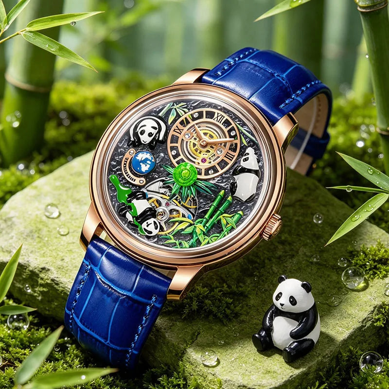 PINDU Three-dimensional Panda Dial Watches for Men High-end Luxury Transparent Hollowed Fully Automatic Mechanical Wristwatch