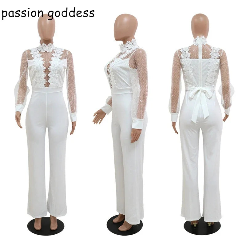 2022 Autumn Women Fashion Lace Patchwork Sexy Loose Jumpsuits High Neck Crochet Sashes Elegant Wide Leg Rompers Overalls White