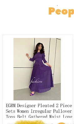 EGRM Miyake Pleated Maxi Long Dress Solid Ruffles Full Sleeve with Belt Formal Dresses for Women  Summer New Hot Sales 8R295