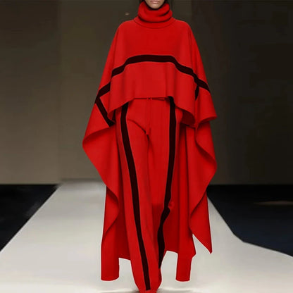 Casual Color Blocked Loose 2 Piece Set Fashion High Street Irregular Outfits  Winter Lady Turtleneck Cloak Top + Pants Suit