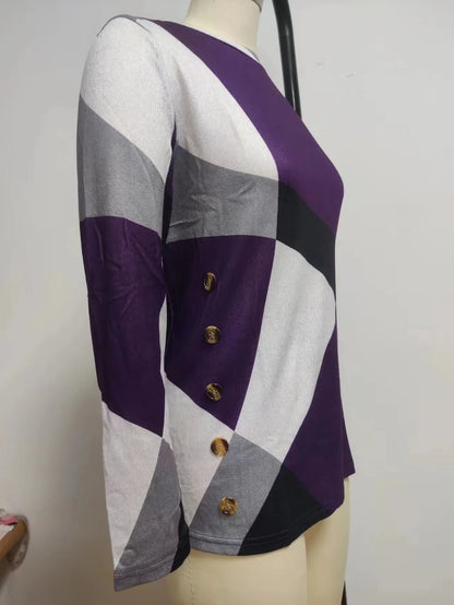 European and American Women Casual Color Block Long Sleeve Buttons Top Dressy Casual  Geometric Tunic Tops Crewneck T Shirts
