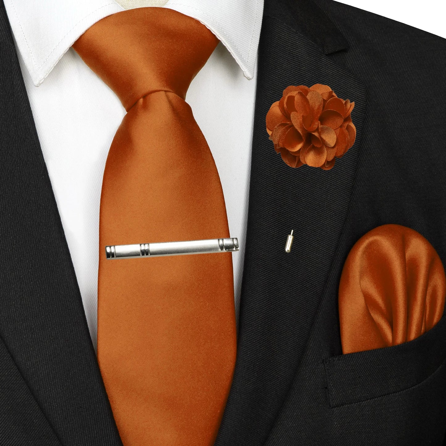 Mens Colors Solid Tie and Lapel Pin Necktie Pocket Square and Tie Clip Sets for Business Casual 4PCS