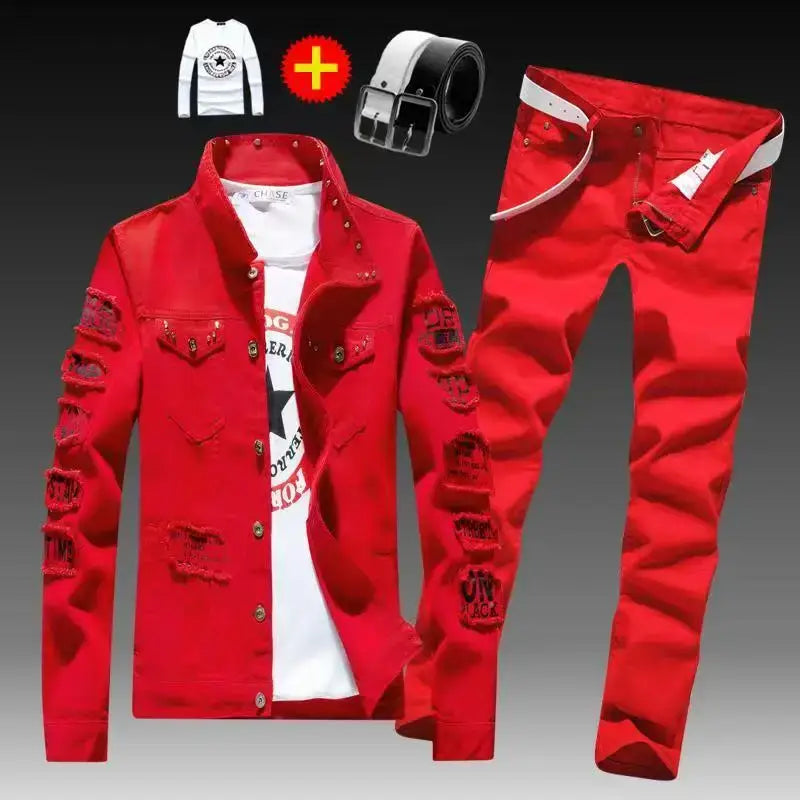 Frühling Herbst Herren Jeansjacke + Jeanshosen Set Mode Einreiher Mantel Hose Zweiteiliger Denim-Anzug