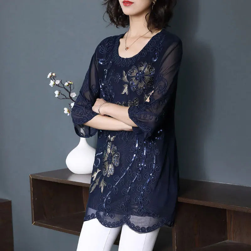 Vintage Floral Embroidery Applique Blouse Casual Loose Spring Summer 3/4 Sleeve Women's Clothing Stylish Sequined O-Neck Shirt