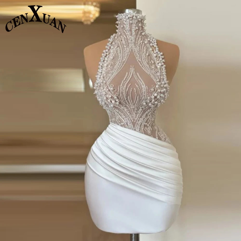 CENXUAN White Mini Prom Dresses Pearl Beaded Strap vestidos de fiesta Elegant Sleeveless Short Customized Evening Dress