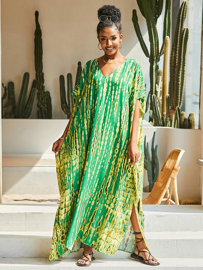Bohemian Printed V-neck Batwing Sleeve Side Split Loose Dress For Women Clothes Plus Size Beachwear Maxi Dresses Q1218