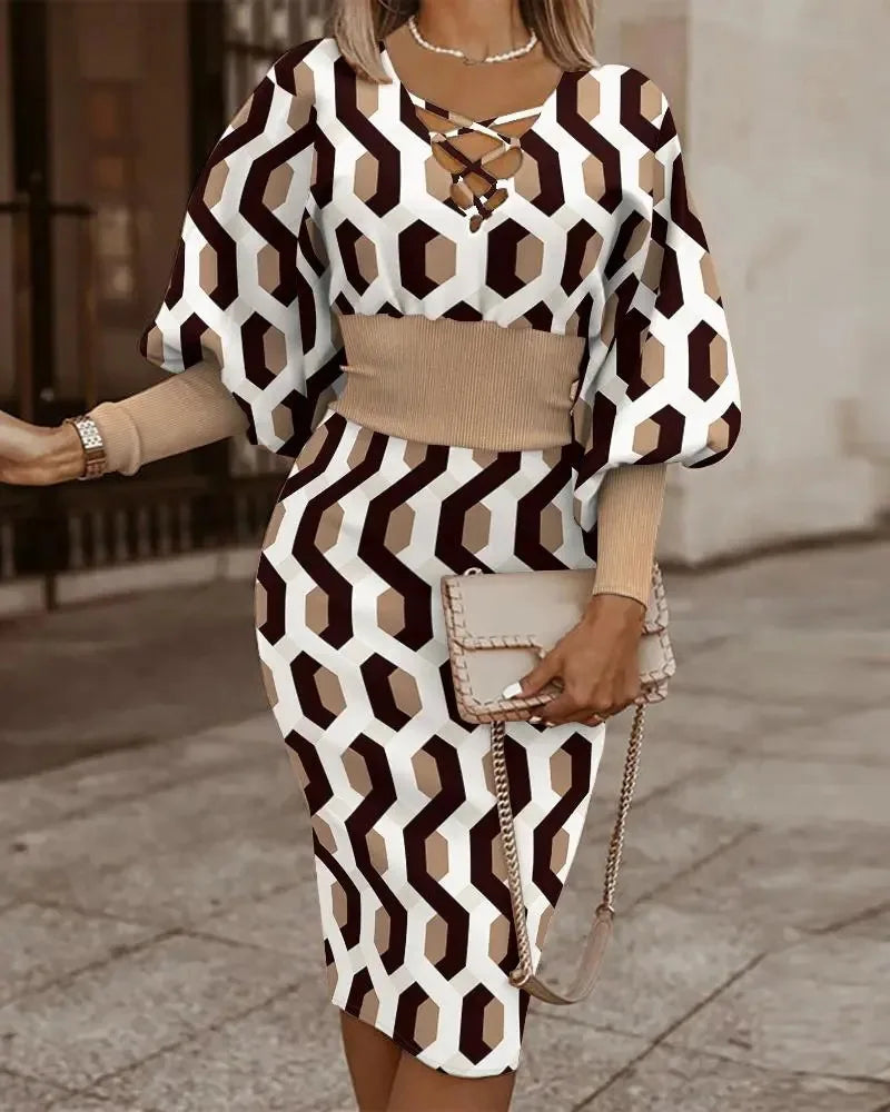 Elegant Long-sleeved V-neck Waist Dress For Women Fashionable Autumn Winter Slim Vintage Printing Hip-covering Dresses Female