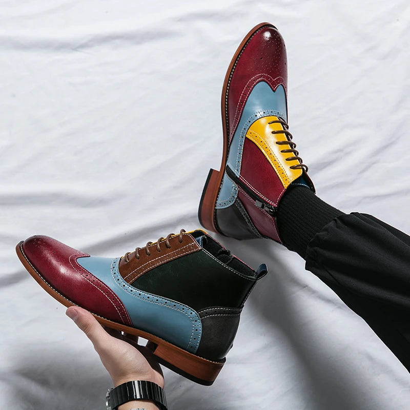 Luxury Fashion Men Leather Boots Flats British Style Sharp Pointed Color Matching Men Shoes Mens Slip-on Outdoor Flats Size 48