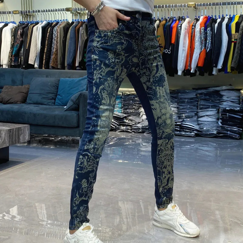 Skinny Jeans Men Vintage ArtPrint Men Jeans Fashion Jeans Printing Pant Streetwear Men Erkek Kot Pantolon Jeans Hombre