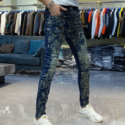 Skinny Jeans Men Vintage ArtPrint Men Jeans Fashion Jeans Printing Pant Streetwear Men Erkek Kot Pantolon Jeans Hombre