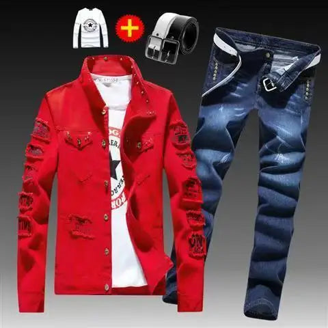 Frühling Herbst Herren Jeansjacke + Jeanshosen Set Mode Einreiher Mantel Hose Zweiteiliger Denim-Anzug