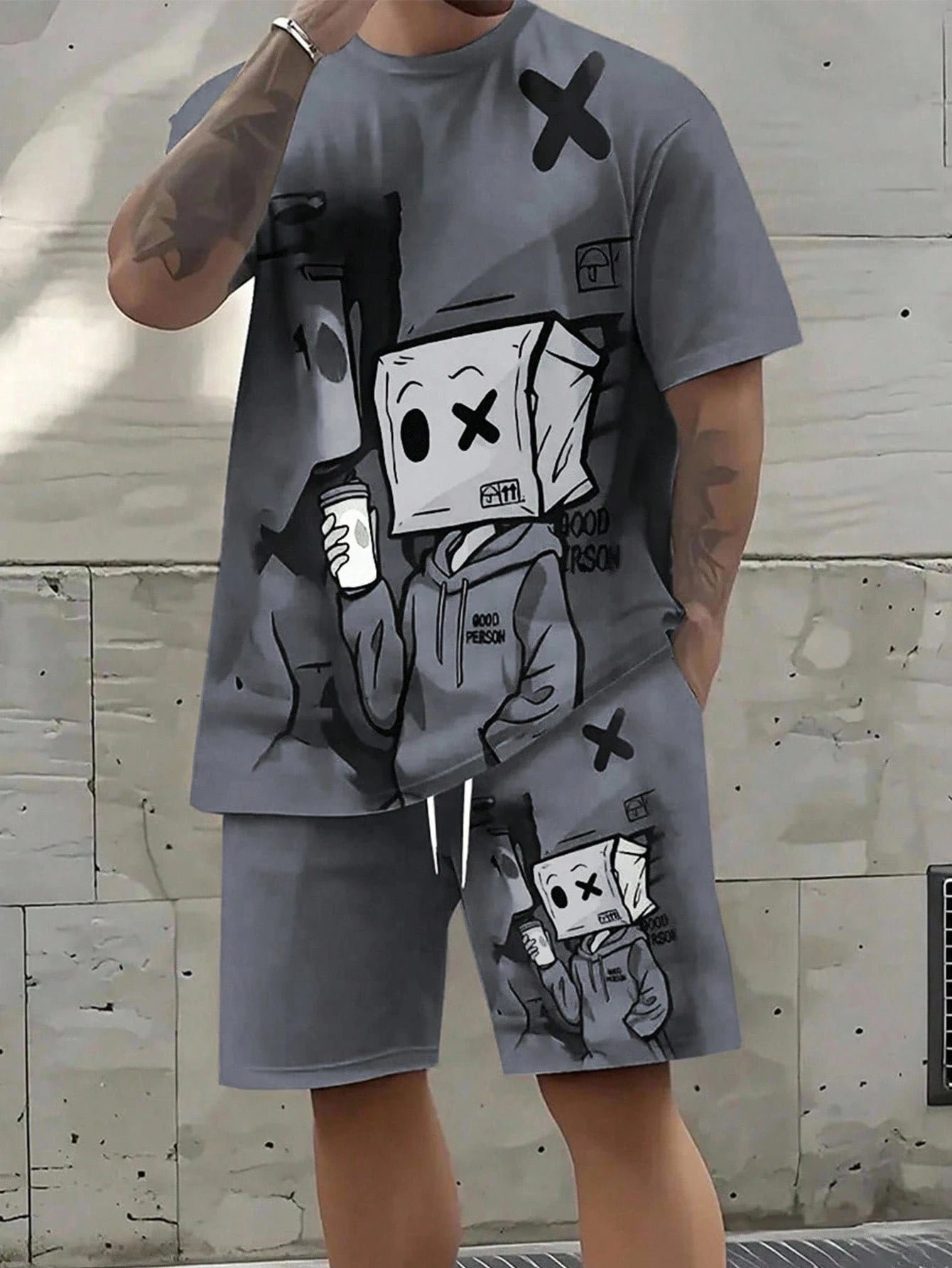 Summer Men's Fashion Casual Sports Set Loose-Fit Trendy Doll Graffiti Print Crew Neck Short Sleeve Two-Piece Set with Shorts
