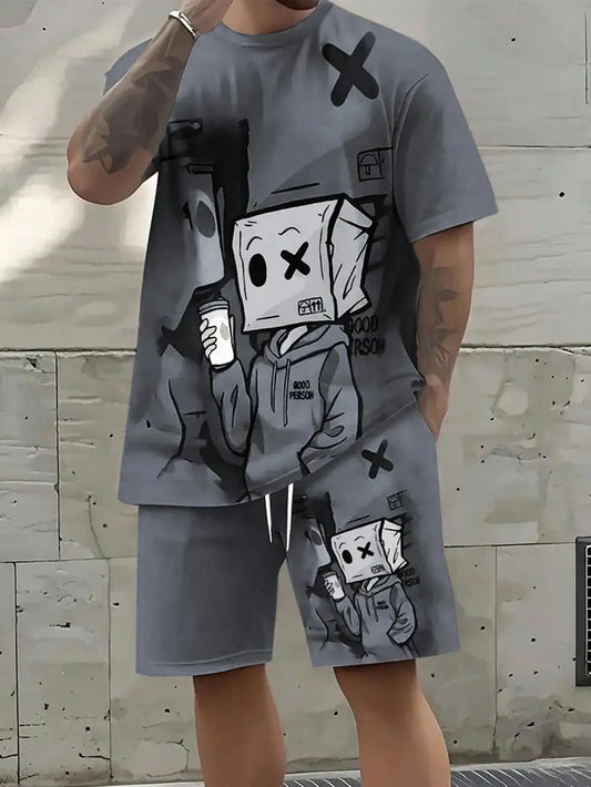 Summer Men's Fashion Casual Sports Set Loose-Fit Trendy Doll Graffiti Print Crew Neck Short Sleeve Two-Piece Set with Shorts