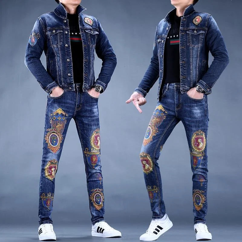 spring 2023 and autumn new denim suit tide brand slim trend pants casual men's jacket top