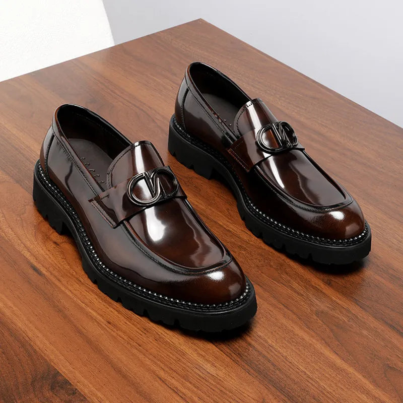 Men's Genuine Leather Height Increasing Loafers Summer Bright Finish British Style Thick Sole Business Casual Dress Shoes