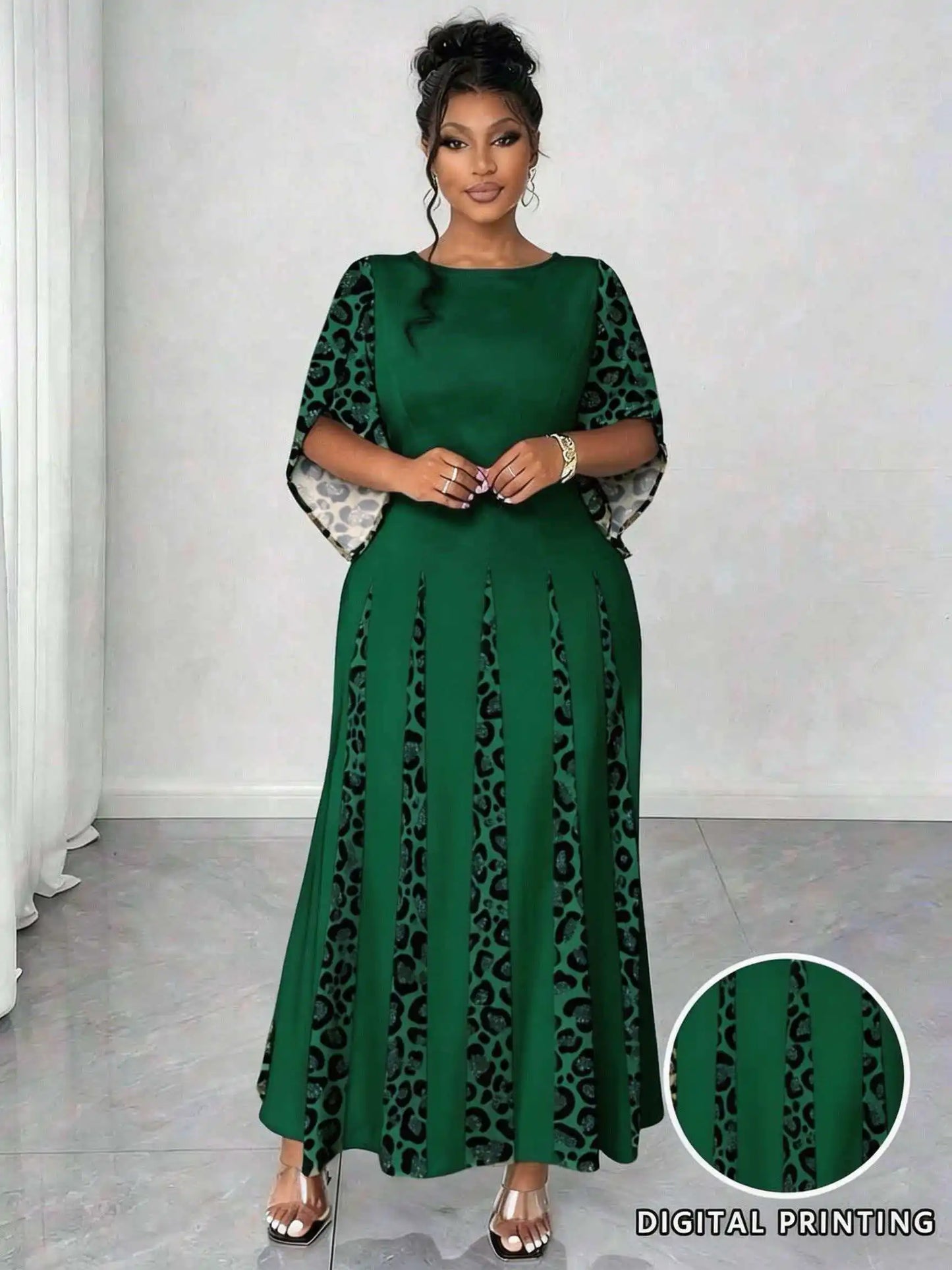 Elegantes Maxikleid mit Leopardenmuster, modisches langärmliges Abendkleid in Übergröße, bequeme und stilvolle Damenbekleidung