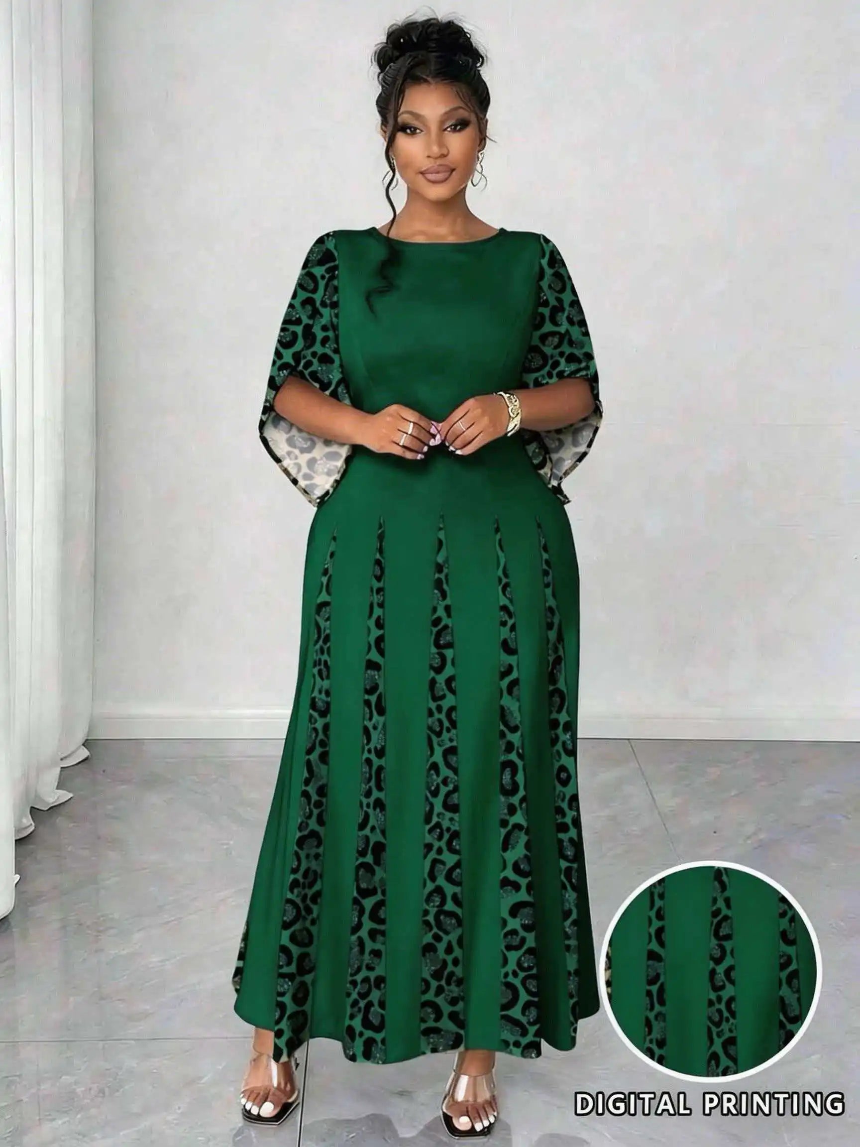 Elegant Leopard Print Maxi Dress, Plus Size Fashionable Long Sleeve Gown, Comfortable & Stylish Women's Clothing