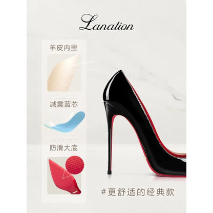 2026 Spring New High-end Black High-heeled Shoes for Women, Thin-heeled, Pointed Toe, Patent Leather, Elegant Single Shoes