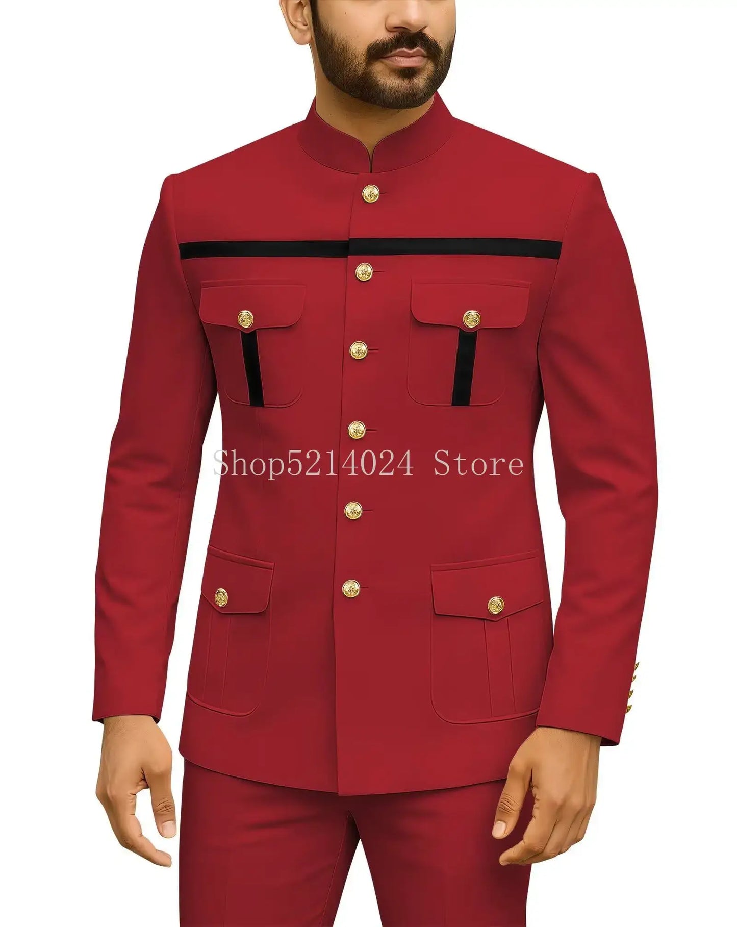 Herren Safari-Anzug 2-teilig Regular Fit Chinakragen Goldknopf Blazer Hose Set Afrikanische Outfits