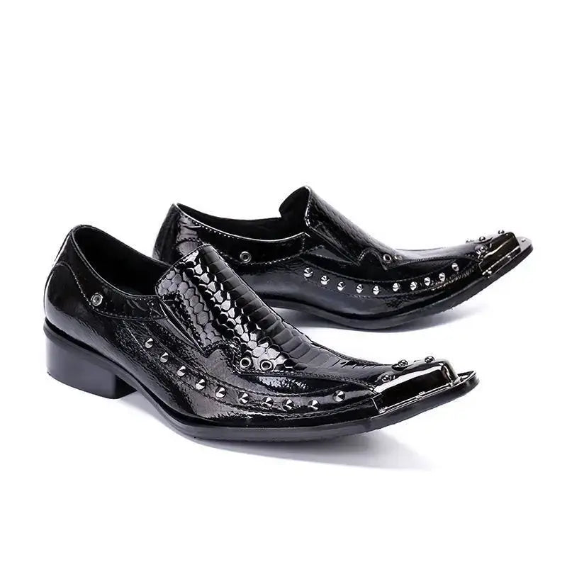 2025 Western Fashion Spitz zulaufende Metallkappe Abendschuhe Blau Grau Party Hochzeit Lederschuhe für Herren