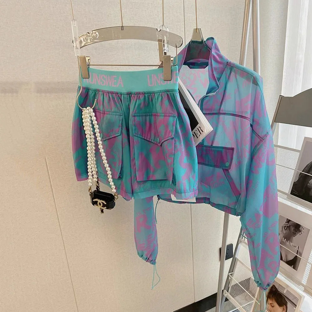 2024 Women Shorts Sets Outfits Casual Two Piece Set Women's Summer Fashion Sunscreen Tops + High Waist Loose Short Pants Suits