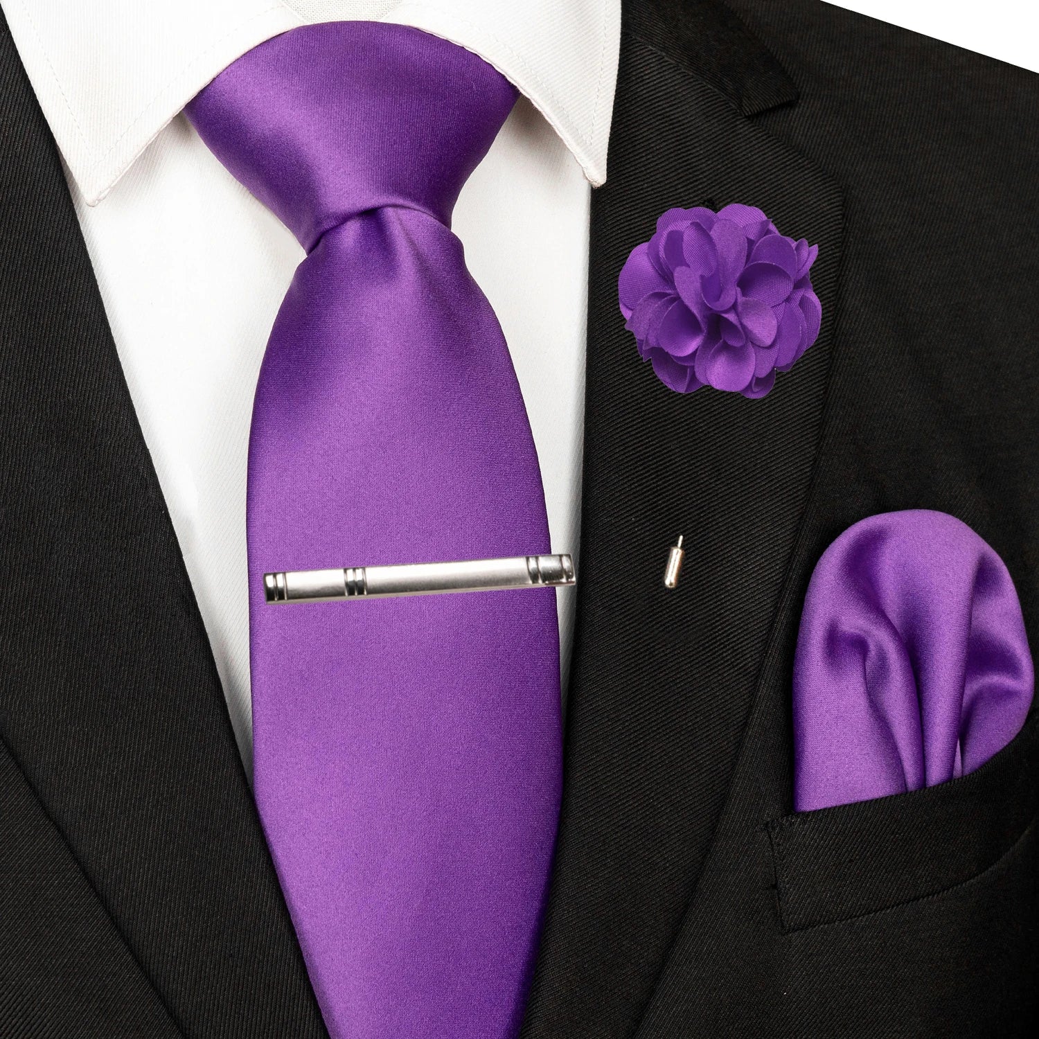 Mens Colors Solid Tie and Lapel Pin Necktie Pocket Square and Tie Clip Sets for Business Casual 4PCS