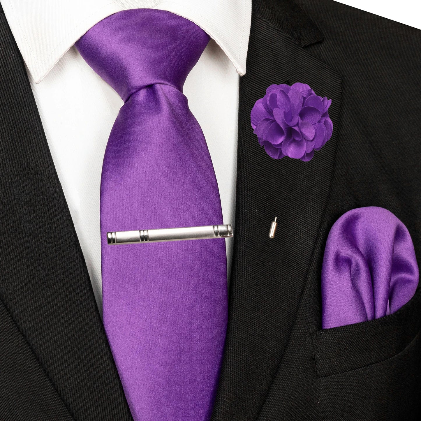 Mens Colors Solid Tie and Lapel Pin Necktie Pocket Square and Tie Clip Sets for Business Casual 4PCS