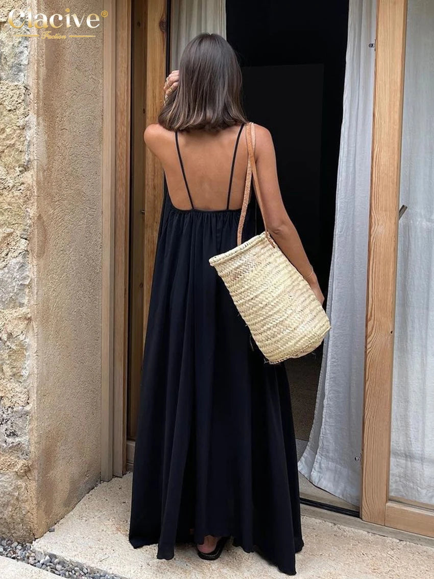 Clacive Summer Loose Black Women'S Dress 2023 Fashion Strap Sleeveless Ankle-Length Dresses Elegant Backless Female Sundress