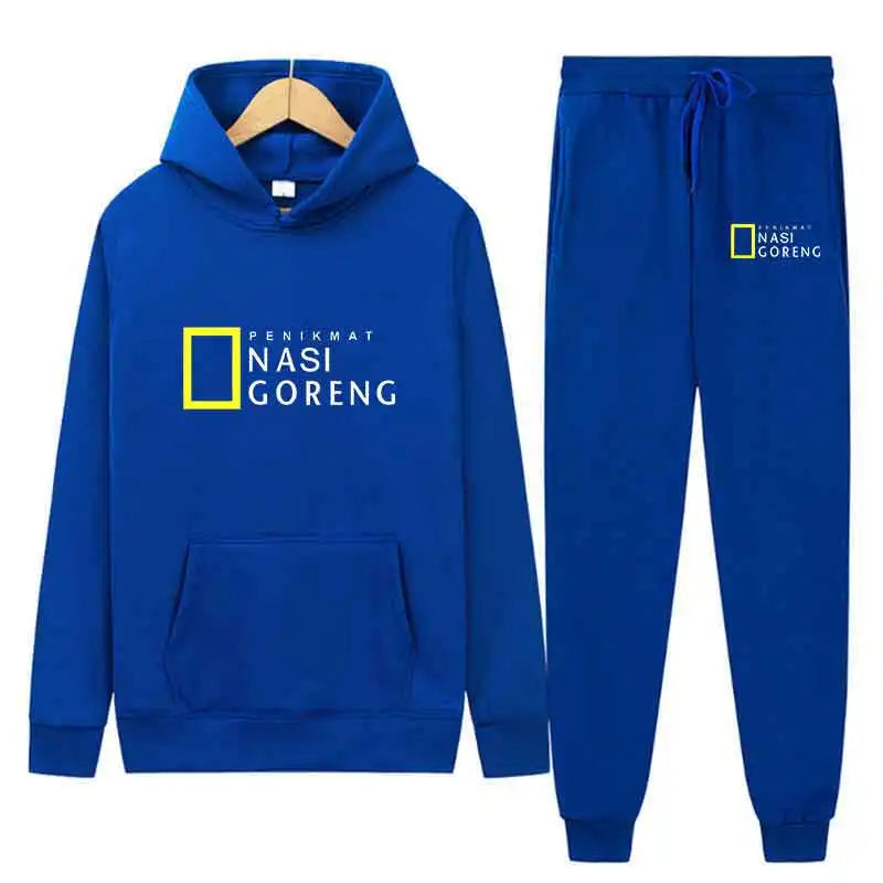 Autumn Men Gray Blue Casual 2PC Sets Trend Hoodie Tops Slim Pants Warm Sweatshirts Street Fashion Concise Printed Sports Suit