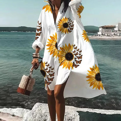 Autumn Dress  New Fashion Leisure Grace Printed Lapel Long Sleeve Loose Party Beach Women Shirt Dresses MsChuh