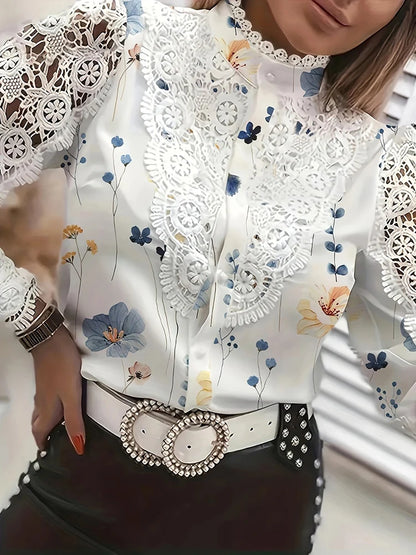 Shirts Elegant Office Ladies White Collared Lace Patchwork Hollow Out Button Up Womens Tops And Blouses  Fashion New Blouse