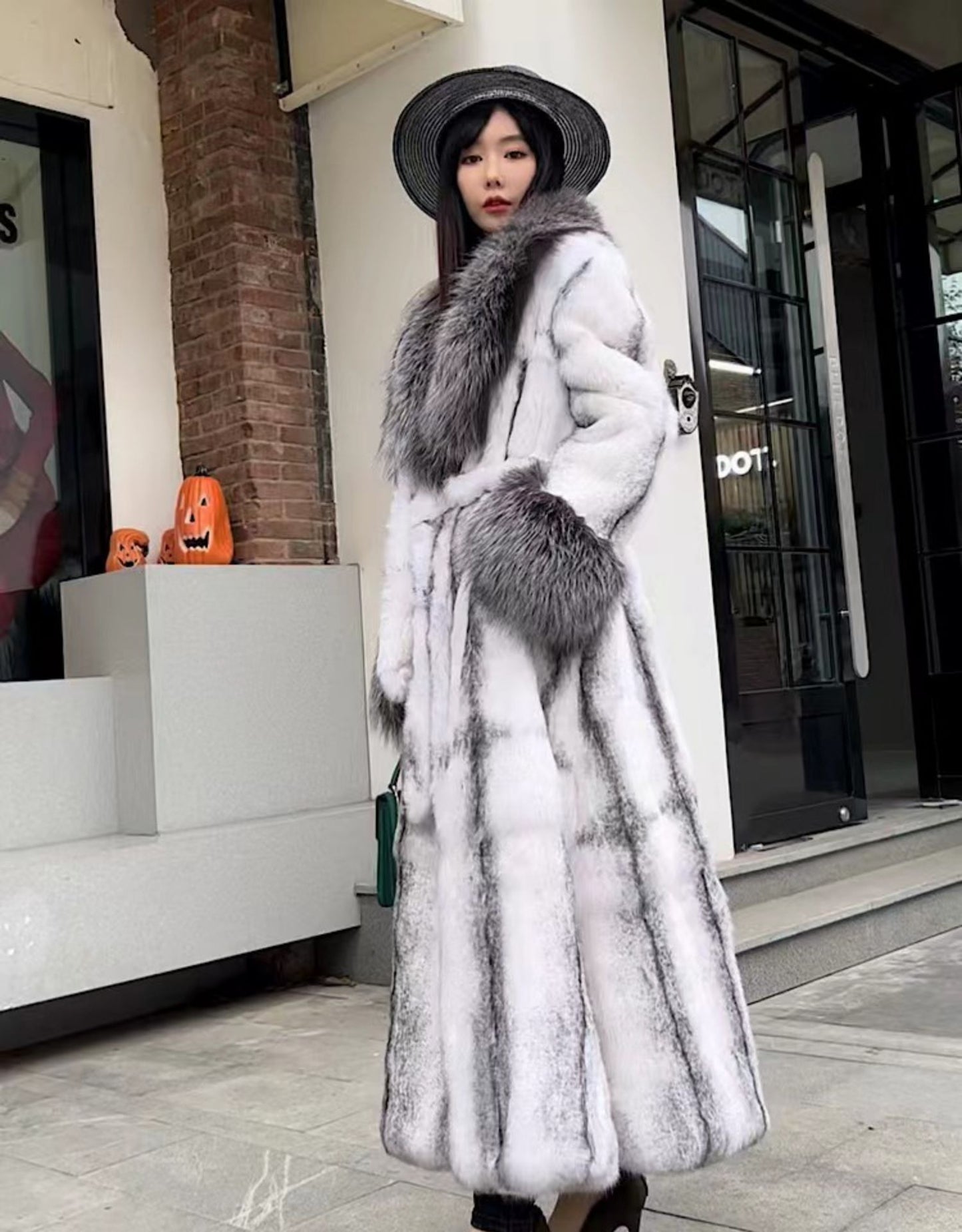 Furyoume Winter New Real Rabbit Fur Coat X-long Thick Warm Natural Fur Jacket With Fox Fur Collar/cuffs Luxury Fur Belt Fashion