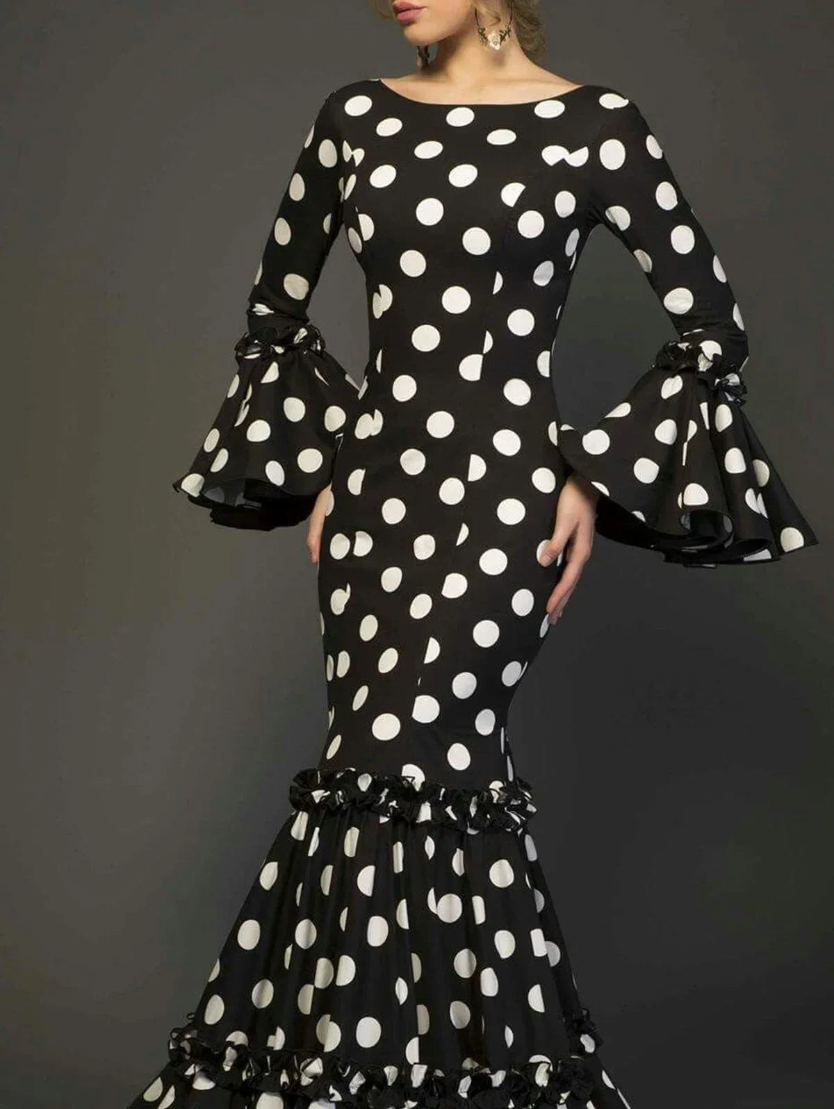 Elegant Party Long Dress Women Polka Dot Printed Ruffle Hem Sundress 2025 Bohemian Casual O-neck Flare Sleeve Slim Maxi Robe