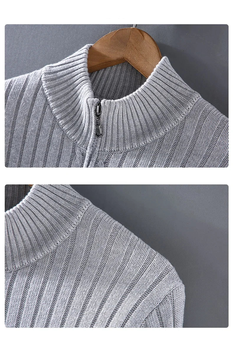 Autumn Winter New Men Cardigan Sweater Men's Stand Collar Zipper Cotton 100% Thickened Knit Solid Color High Street Clothes