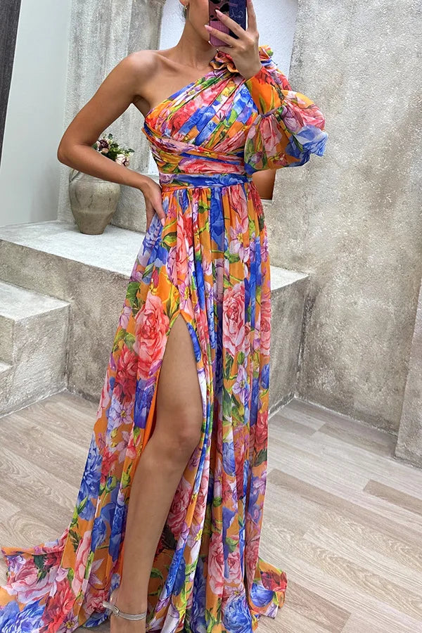 New Fashion Hot Selling Casual Slit Dress for European and American Gatherings INS Loose Multicolor Sloping Shoulder Dress