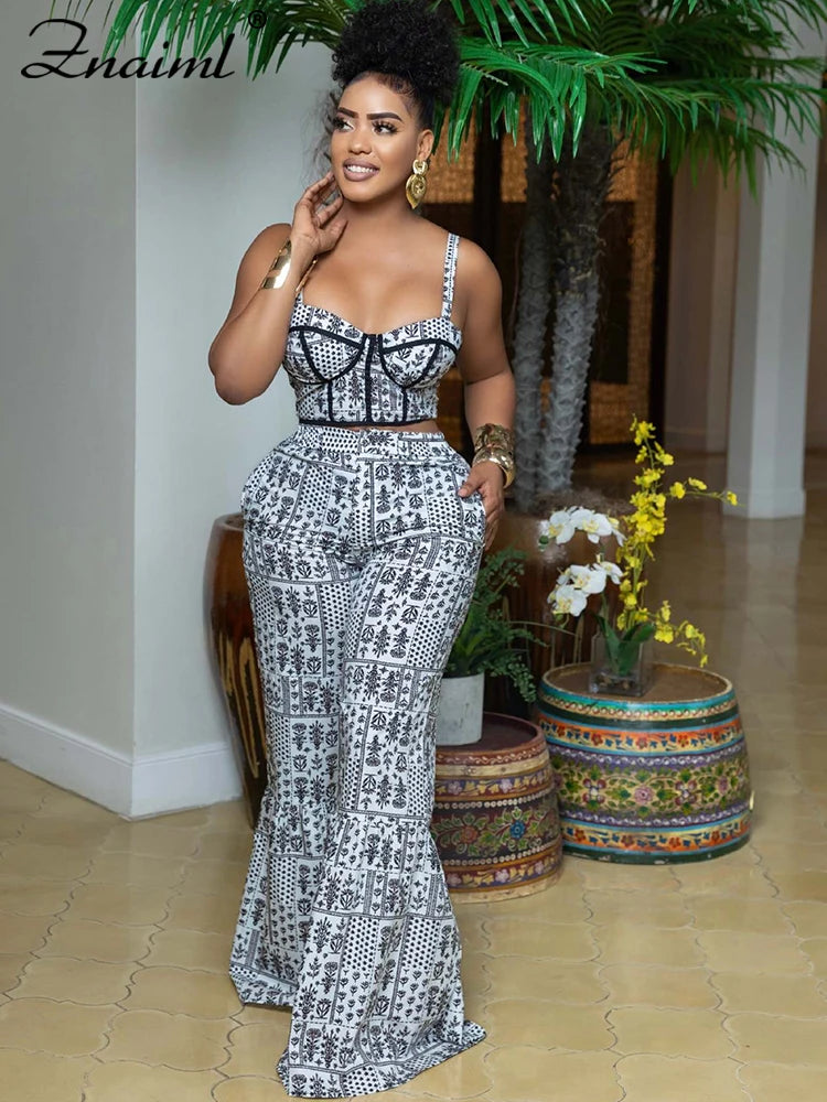 Znaiml Sexy Spaghetti Strap Backless Crop Top and Flare Pants 2 Pieces Set Woman Fashion Black White Print African Outfits
