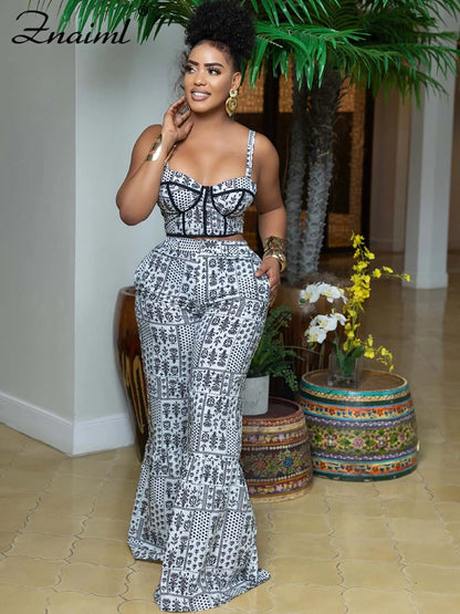 Znaiml Sexy Spaghetti Strap Backless Crop Top and Flare Pants 2 Pieces Set Woman Fashion Black White Print African Outfits