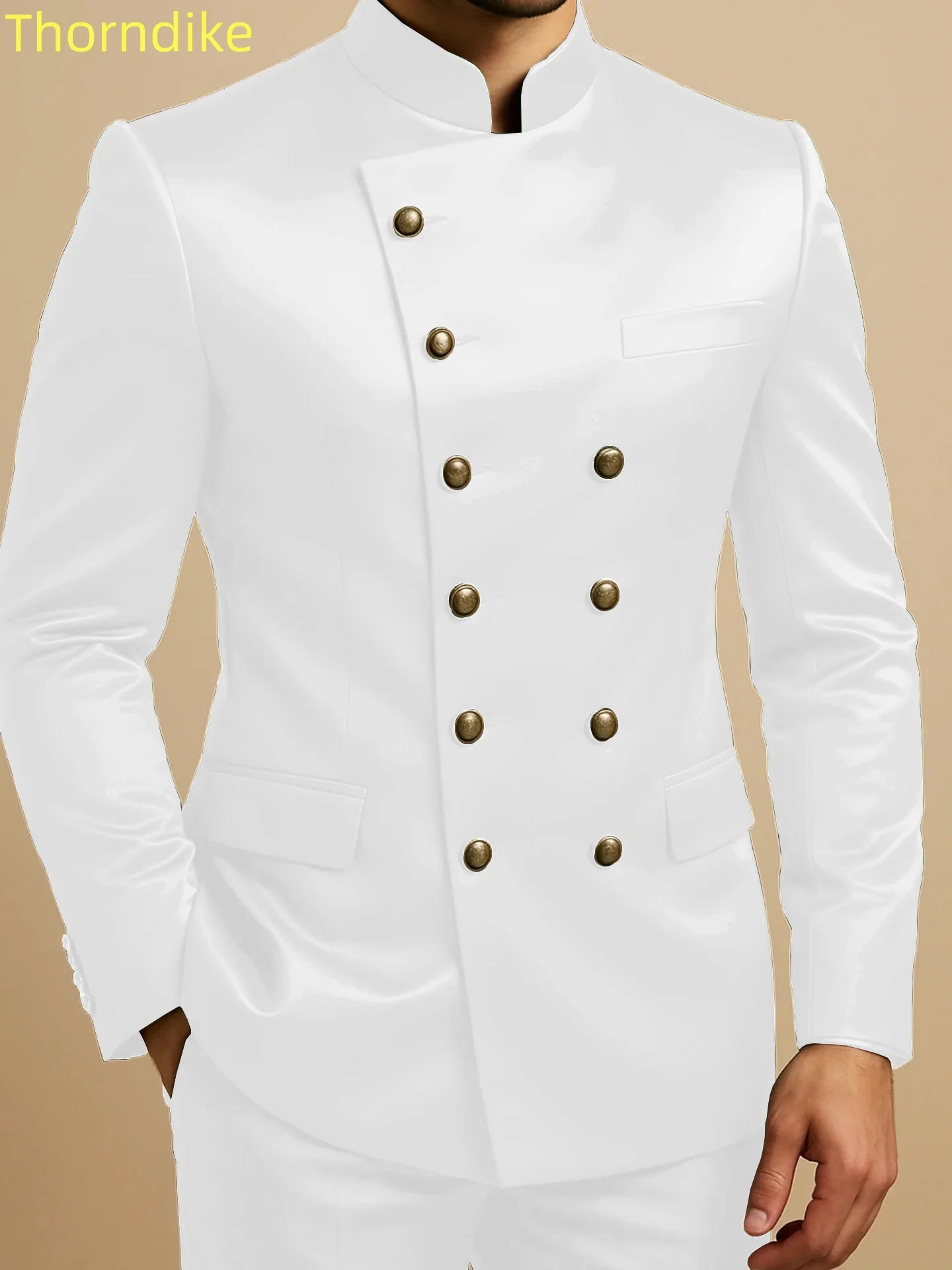 Thorndike Affrica Style Casual Stand Collar Satin Double Breasted Jacket Pants Business Men Suit Elegant Groom Wedding Suits
