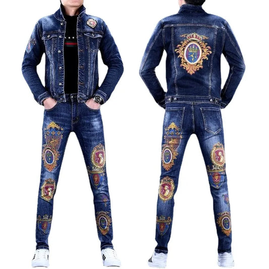 spring 2023 and autumn new denim suit tide brand slim trend pants casual men's jacket top