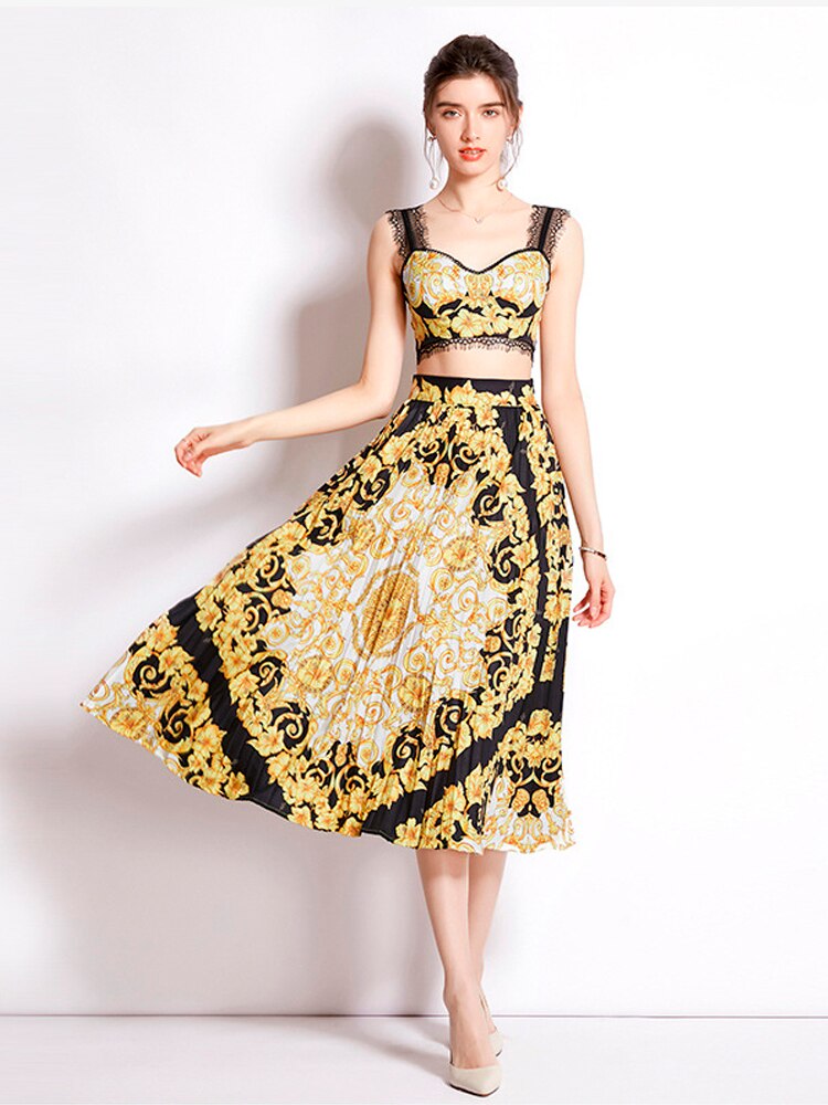 Gold 2023 Summer Fashion Designs Skirts Sets Women Outfits Indie Folk Print Sexy Two Pieces Lace Cropped Top Pleated Skirt Suit