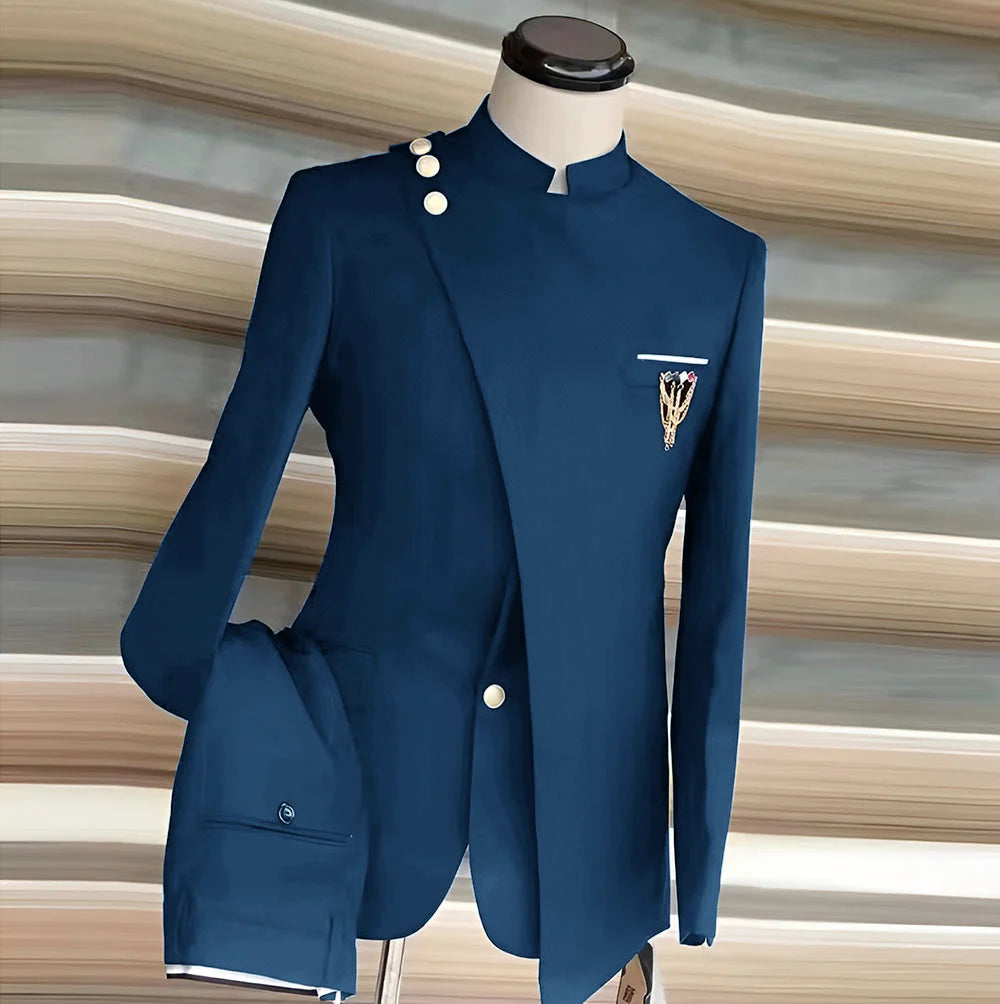 African Style Men's Suit 2 Piece Set Single Breasted Blazer Groom Wedding Tuxedo Gold Button Design Formal Jacket Pants 2 Piece