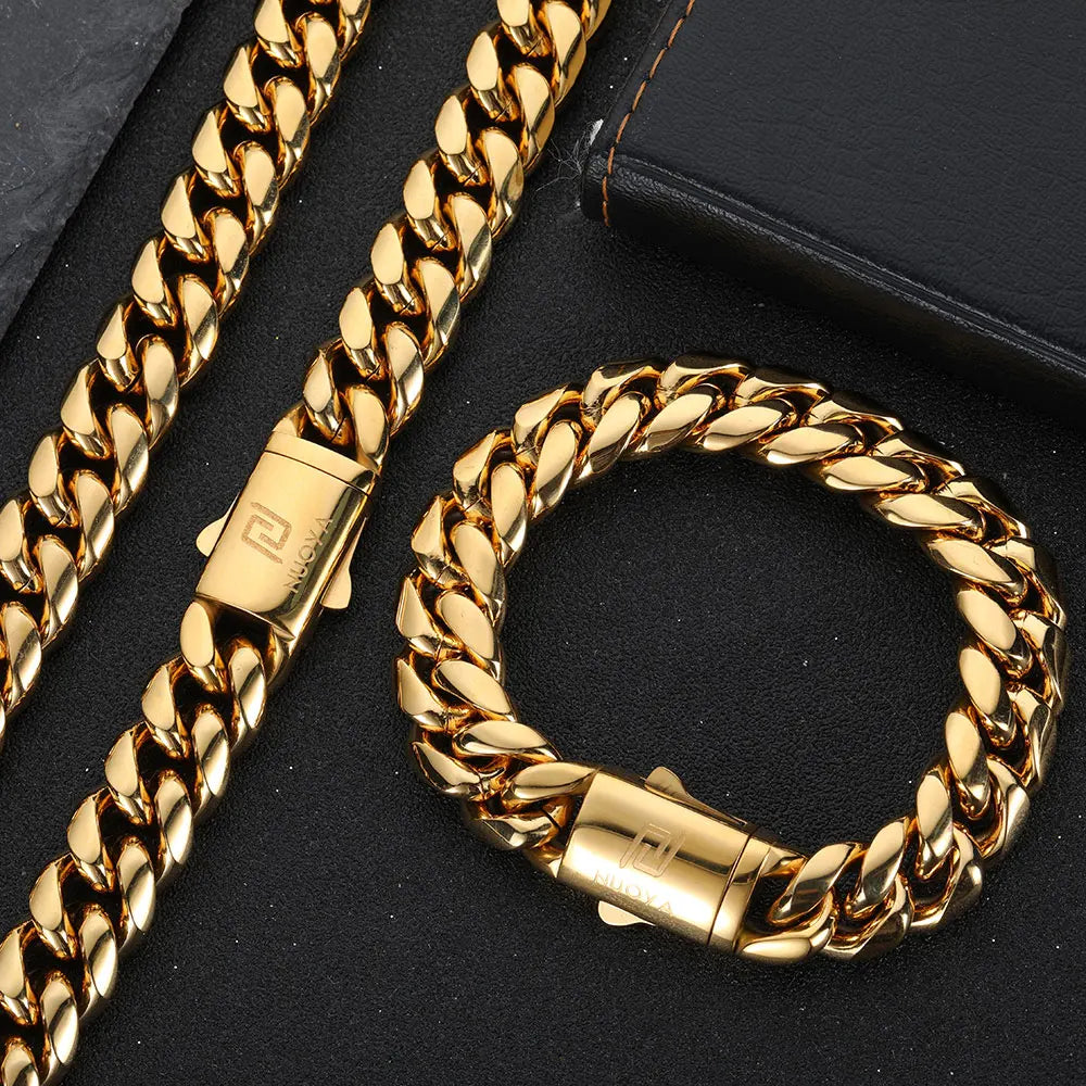 Hip Hop Rock Jewelry Free Custom Logo Name 18K Gold Plated Miami Cuban Link Chain Stainless Steel Bracelet For Men