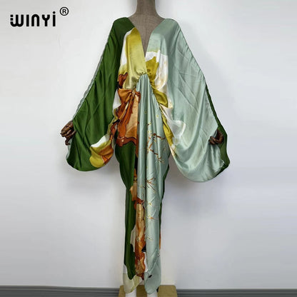 Sexy bech high-quality hand-rolled feel silk rayon fashion print  WINYI Maxi women's robes long beach V-neck Bohemian dress