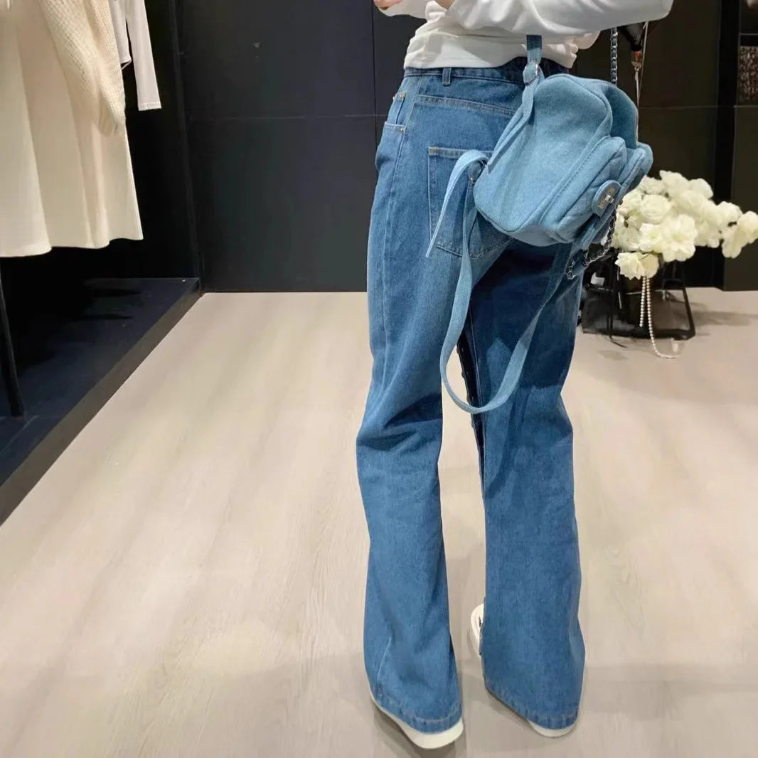 American high street breasted design straight jeans women's autumn and winter new high waist design fashion loose slim pants.