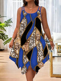 Plus-size women's fashion asymmetrical geometric stripes printed double strap dress