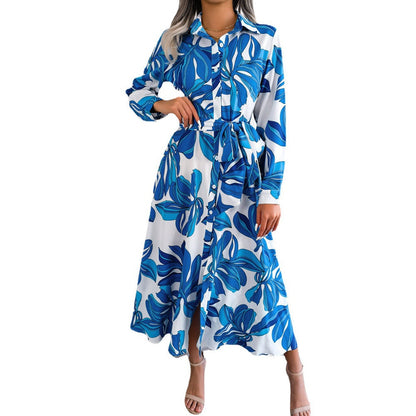 F  New Women Spring Summer Contrast Floral Polo Collar Lace Up Shirt Dress For Ladies Single Breasted Long Dress