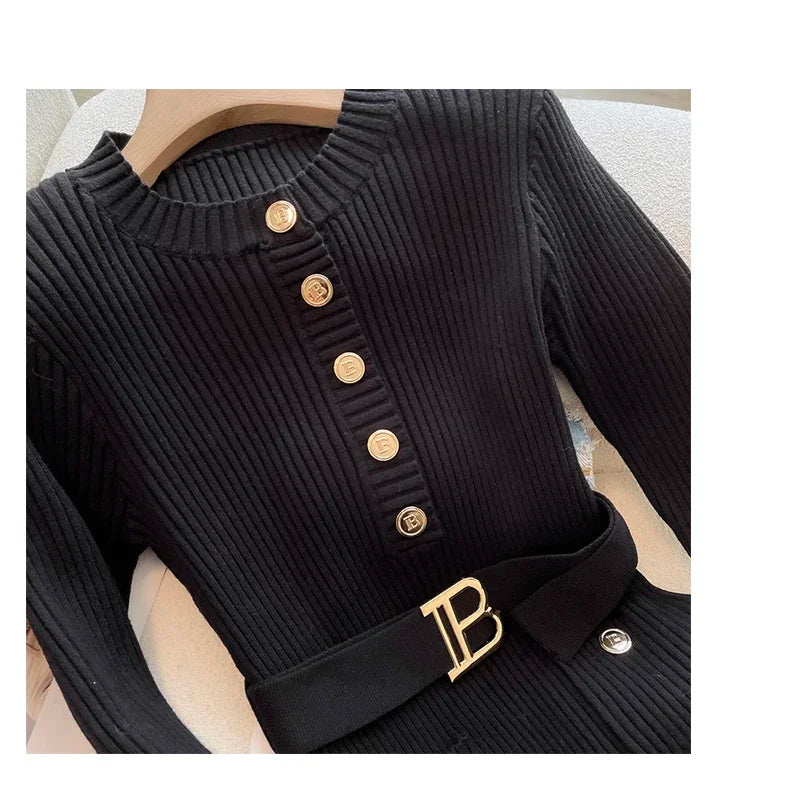 2024 New Autumn Winter Women Knitted Dress Brand Fashion O-neck Buttons Bodycon Sweater Dress with Belt Lady Office Dress