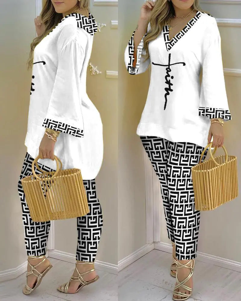 Spring And Autumn Women's New Set Fashion and Sexy V-neck Printed Long Sleeve Pants Casual And Temperament Elegant Women's Set